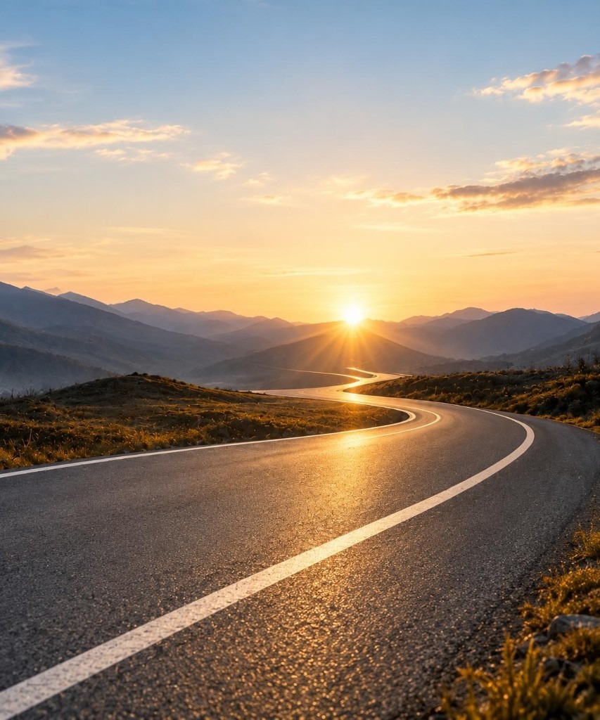 Straße im Abendlicht, die auf einen hellen Horizont zuläuft